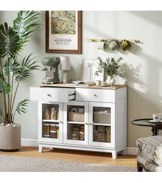 Aparador para Salón Moderno con 3 Puertas de Vidrio Estriado 2 Cajones y Estantes Ajustables 100x35x80,3 cm Blanco