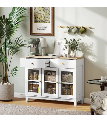 Aparador para Salón Moderno con 3 Puertas de Vidrio Estriado 2 Cajones y Estantes Ajustables 100x35x80,3 cm Blanco