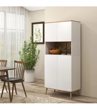 Alacena de Cocina con 4 Puertas Encimera para Microondas Estantes Ajustables Orificio de Cable y Patas de Madera Blanco