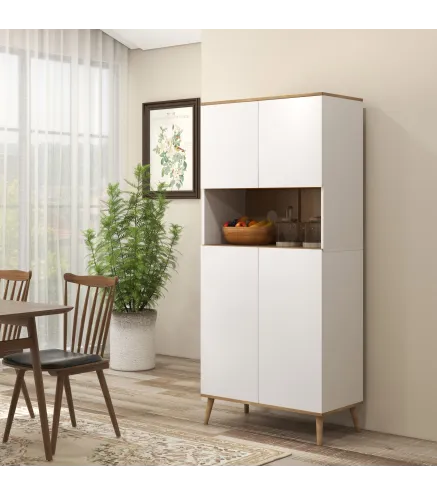 Alacena de Cocina con 4 Puertas Encimera para Microondas Estantes Ajustables Orificio de Cable y Patas de Madera Blanco