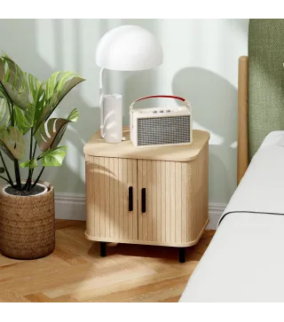 Mesita de Noche para Dormitorio con Puertas Correderas 2 Estantes y Patas de Acero Estilo Escandinavo 48x40x48 cm Roble