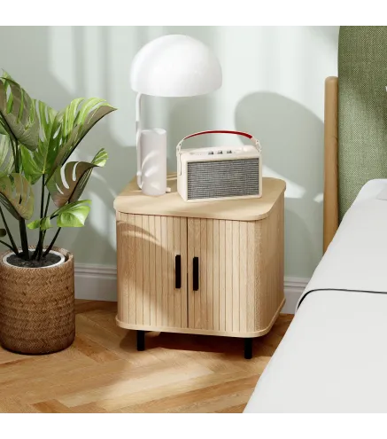 Mesita de Noche para Dormitorio con Puertas Correderas 2 Estantes y Patas de Acero Estilo Escandinavo 48x40x48 cm Roble