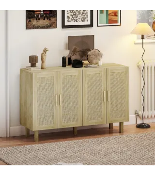 Aparador para Salón con 4 Puertas de Rejilla y Estantes Ajustables Aparador de Estilo Cannage 120x39,5x76 cm Natural