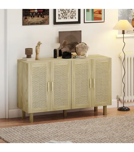 Aparador para Salón con 4 Puertas de Rejilla y Estantes Ajustables Aparador de Estilo Cannage 120x39,5x76 cm Natural