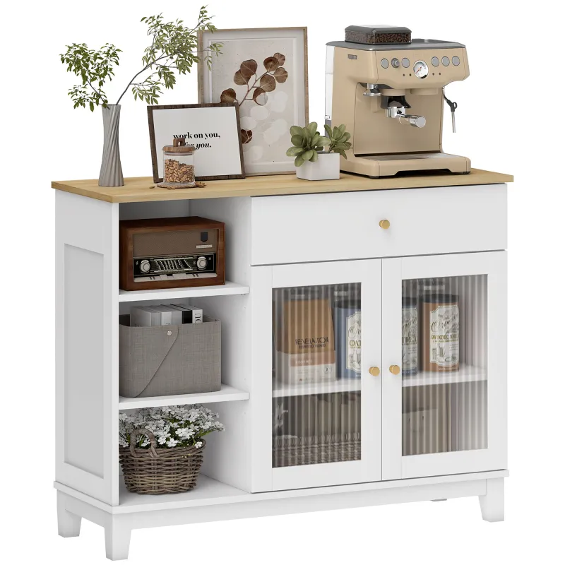 Aparador para Salón con 2 Puertas de Vidrio Cajón Compartimentos Abiertos y Estantes Ajustables 100x35x80,3 cm Blanco