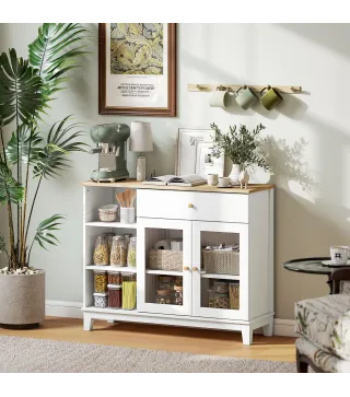 Aparador para Salón con 2 Puertas de Vidrio Cajón Compartimentos Abiertos y Estantes Ajustables 100x35x80,3 cm Blanco