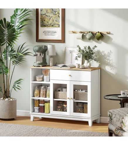 Aparador para Salón con 2 Puertas de Vidrio Cajón Compartimentos Abiertos y Estantes Ajustables 100x35x80,3 cm Blanco