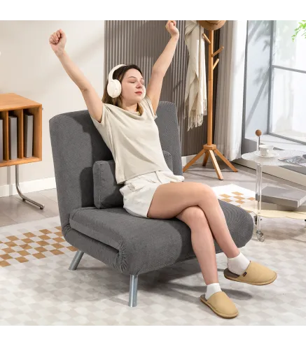 Sofá Cama de 1 Plaza Plegable Tapizado en Tela Gris Jaspeado con Respaldo Ajustable de 5 Niveles 80x75x83 cm