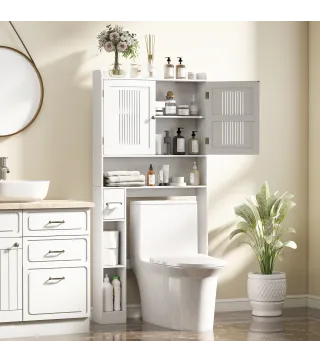 Estantería sobre Inodoro con Estante Ajustable 2 Puertas Soporte para Papel Higiénico y Estantes Abiertos para Baño Blanco