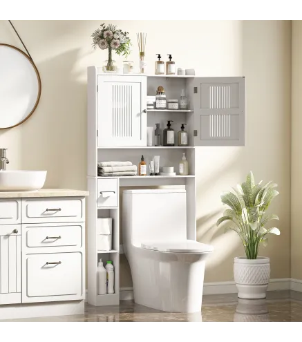 Estantería sobre Inodoro con Estante Ajustable 2 Puertas Soporte para Papel Higiénico y Estantes Abiertos para Baño Blan