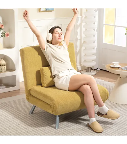 Sofá Cama de 1 Plaza Plegable Tapizado en Tela Amarillo Jaspeado con Respaldo Ajustable de 5 Niveles 80x75x83 cm