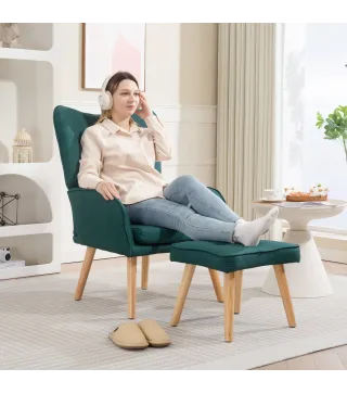 Sillón con Reposapiés Sillón Lectura con Respaldo Alto Capitoné Patas de Madera y Tapizado en Lino Verde Oscuro