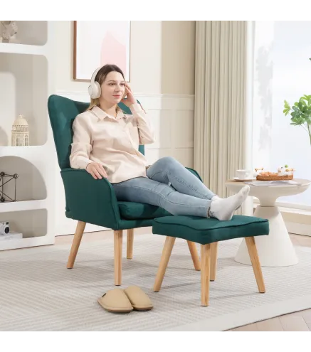 Sillón con Reposapiés Sillón Lectura con Respaldo Alto Capitoné Patas de Madera y Tapizado en Lino Verde Oscuro
