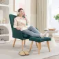 Sillón con Reposapiés Sillón Lectura con Respaldo Alto Capitoné Patas de Madera y Tapizado en Lino Verde Oscuro