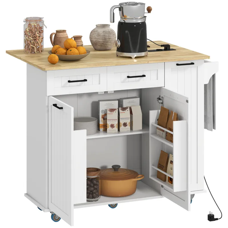Isla de Cocina con Ruedas Toma de Corriente USB Tablero Plegable 2 Cajones Especiero y Toallero 119,5x74x94,5 cm Blanco