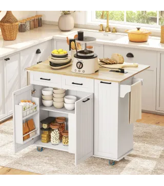 Isla de Cocina con Ruedas Toma de Corriente USB Tablero Plegable 2 Cajones Especiero y Toallero 119,5x74x94,5 cm Blanco