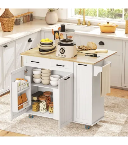 Isla de Cocina con Ruedas Toma de Corriente USB Tablero Plegable 2 Cajones Especiero y Toallero 119,5x74x94,5 cm Blanco