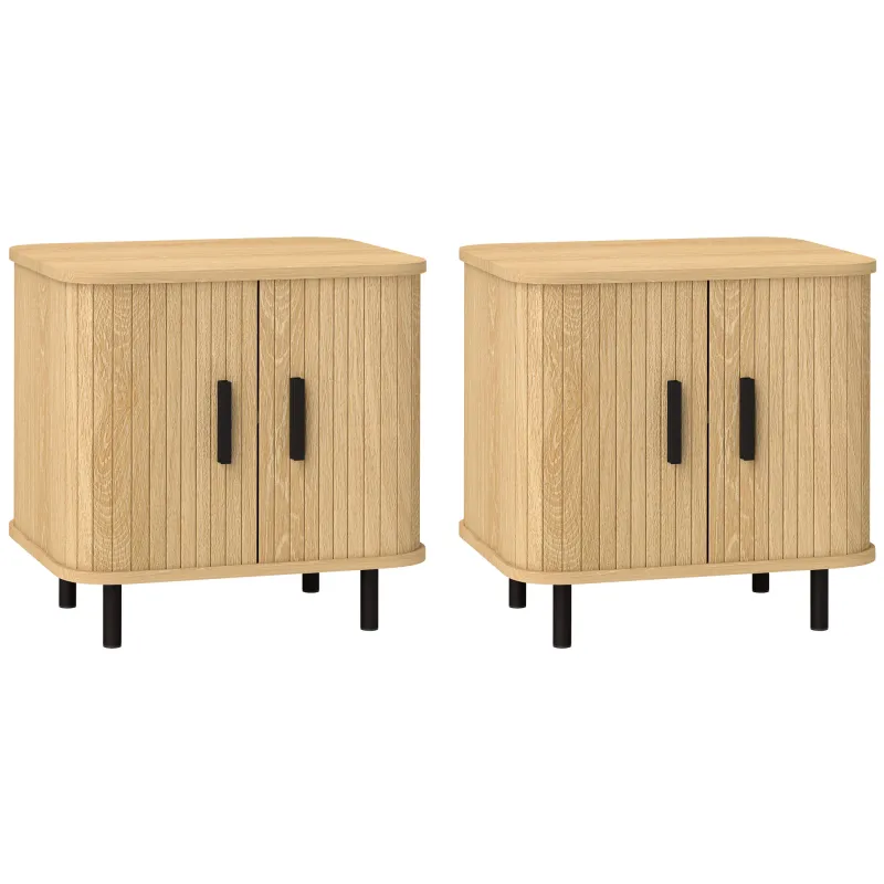 Pack de 2 Mesitas de Noche con Puertas Correderas 2 Estantes y Patas de Acero Estilo Escandinavo 48x40x48 cm Roble