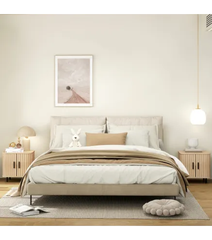 Pack de 2 Mesitas de Noche con Puertas Correderas 2 Estantes y Patas de Acero Estilo Escandinavo 48x40x48 cm Roble