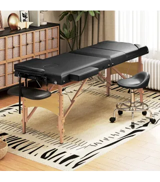 Camilla Masaje Plegable de Madera de 3 Zonas con Altura Ajustable Reposacabezas Reposabrazos 215x60x62-89 cm Negro