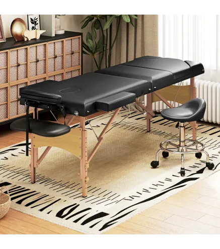 Camilla Masaje Plegable de Madera de 3 Zonas con Altura Ajustable Reposacabezas Reposabrazos 215x60x62-89 cm Negro
