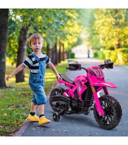 Moto Eléctrica para Niños de +3 Años Moto de Batería para Niños 12V con Ruedas Auxiliar y Bocina Carga 30 kg Rosa