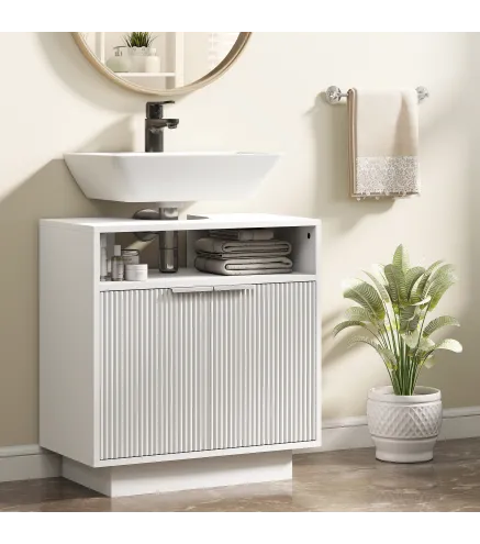 Mueble bajo Lavabo con 2 Puertas Acanaladas y Compartimento Abierto para Lavabo sin Pedestal 60x33x63 cm Blanco