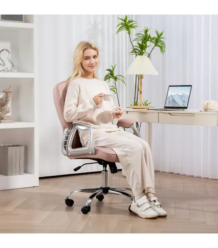 Silla de Escritorio Giratoria con Altura Ajustable Reposabrazos Respaldo Curvado Función de Basculante Rosa