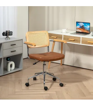 Silla de Escritorio Altura Ajustable con Función de Basculante y Respaldo de Ratán Sintético 60x55,5x82-90 cm Marrón
