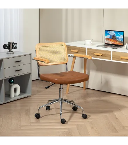 Silla de Escritorio Altura Ajustable con Función de Basculante y Respaldo de Ratán Sintético 60x55,5x82-90 cm Marrón