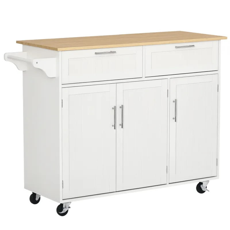 Isla de Cocina Mueble Auxiliar de Cocina con 2 Cajones 6 Puertas y Barra Lateral 121x46x91 cm Roble y Blanco
