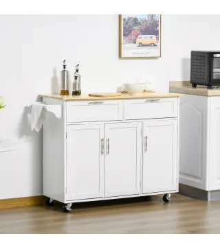 Carro de Cocina Mueble Auxiliar de Cocina con 2 Cajones 6 Puertas y Barra Lateral 121x46x91 cm Roble y Blanco