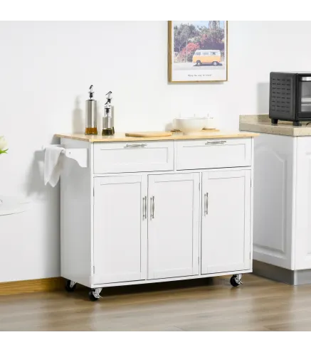 Carro de Cocina Mueble Auxiliar de Cocina con 2 Cajones 6 Puertas y Barra Lateral 121x46x91 cm Roble y Blanco