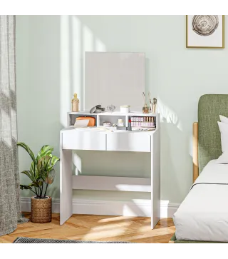 Mesa de Maquillaje con Espejo 2 Cajones 3 Compartimentos Tocador para Dormitorio 75x38x135 cm Blanco