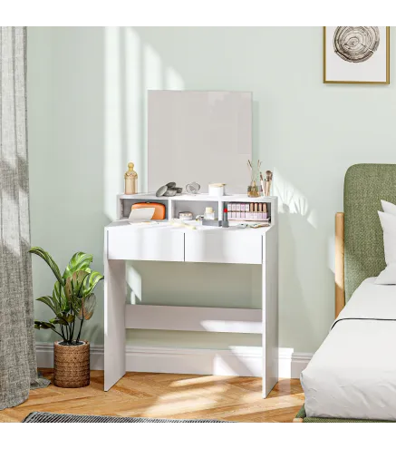 Mesa de Maquillaje con Espejo 2 Cajones 3 Compartimentos Tocador para Dormitorio 75x38x135 cm Blanco