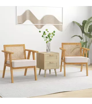 Sillón de Salón con Reposabrazos Respaldo de Ratán y Marco de Madera de Caucho Carga 120 kg Natural y Beige