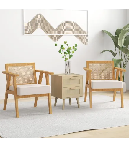 Sillón de Salón con Reposabrazos Respaldo de Ratán y Marco de Madera de Caucho Carga 120 kg Natural y Beige