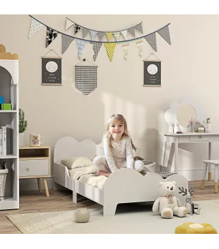 Cama para Niños de +3 Años 140x70 cm Tema de Nubes Estructura de Cama infantil con Barandilla Carga 80 kg Blanco