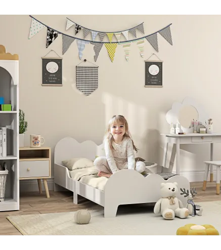 Cama para Niños de +3 Años 140x70 cm Tema de Nubes Estructura de Cama infantil con Barandilla Carga 80 kg Blanco