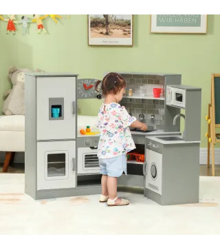 Cocinita Infantil con Sonido Fogón Horno Grifo Fregadero Microondas Lavadora Máquina de Hielo y Accesorio de Cocina Gris