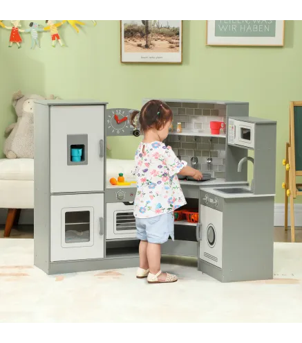 Cocinita Infantil con Sonido Fogón Horno Grifo Fregadero Microondas Lavadora Máquina de Hielo y Accesorio de Cocina Gris