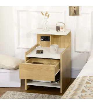 Mesilla de Noche con Puertos USB Toma de Corriente Cajón y Estantes Mesa de Noche 40x40x60 cm Natural
