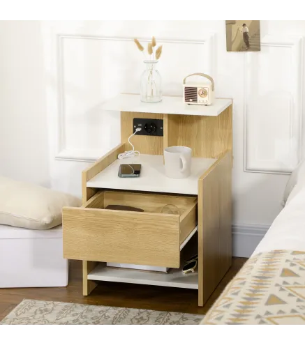 Mesilla de Noche con Puertos USB Toma de Corriente Cajón y Estantes Mesa de Noche 40x40x60 cm Natural