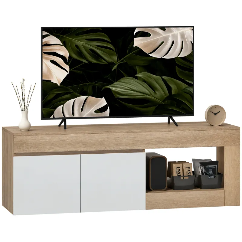 Mesa de TV con 2 Puertas Estante Abierto Mueble de TV para Salón para Televisores de 60 Pulgadas Blanco y Natural