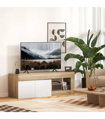 Mesa de TV con 2 Puertas Estante Abierto Mueble de TV para Salón para Televisores de 60 Pulgadas Blanco y Natural