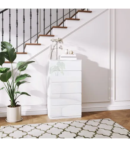 Cómoda con 5 Cajones Diseño Anti-vuelco Cajonera para Salón Pasillo 55x33x100 cm Blanco Brillante