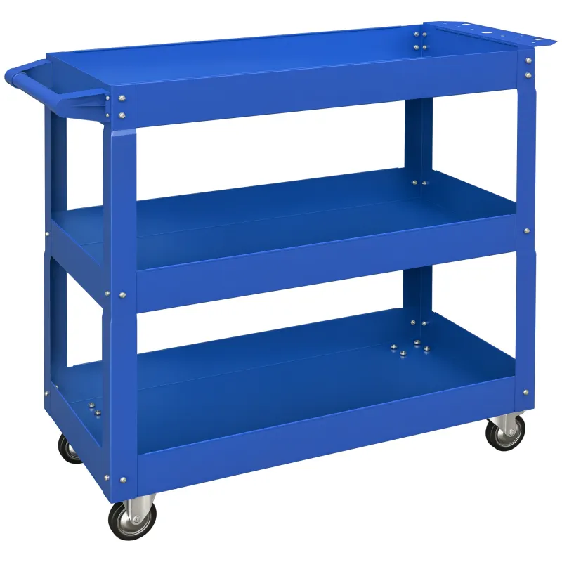 Carro de Taller de Acero con 3 Estantes de Almacenamiento y Asa Lateral Carga 150 kg 83x35,3x76 cm Azul
