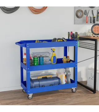 Carro de Taller de Acero con 3 Estantes de Almacenamiento y Asa Lateral Carga 150 kg 83x35,3x76 cm Azul