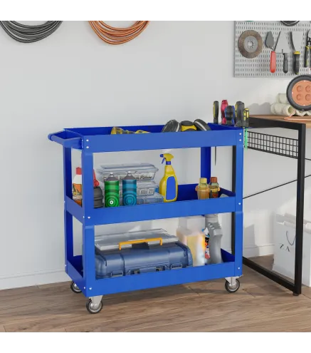 Carro de Taller de Acero con 3 Estantes de Almacenamiento y Asa Lateral Carga 150 kg 83x35,3x76 cm Azul