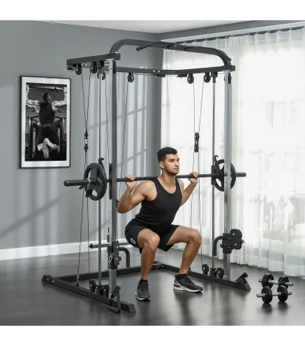 Máquina Multifunción de Musculación con Soporte para Sentadillas y Barra para Pesas para Entrenamiento Fitness Negro